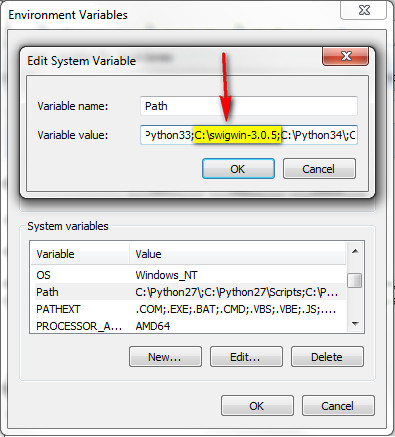 shows the path to the swigwin-3.0.5 directory being added to the system path