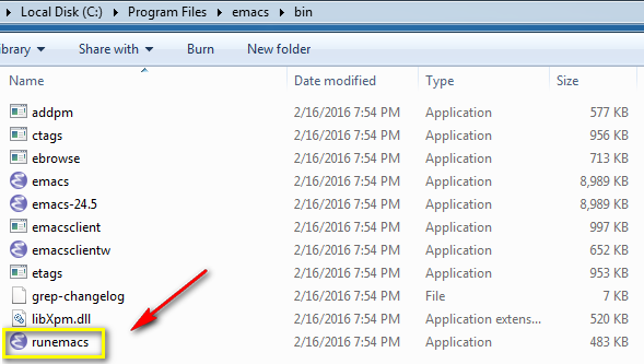 shows a file named runemacs.exe