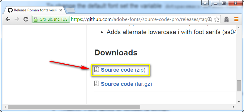 shows Source Code zip link for the source code pro download