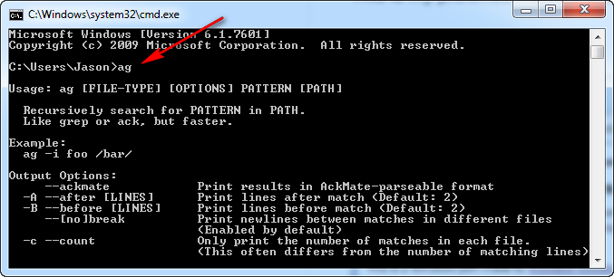 screenshot of ag.exe being run