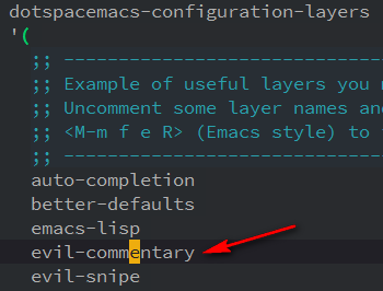 shows evil-commentary as line in config file