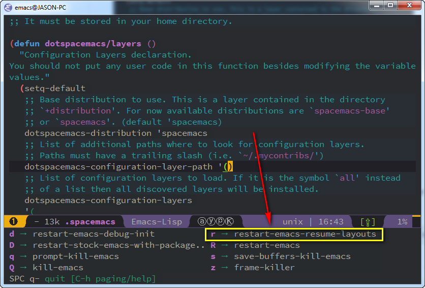 shows restart-emacs-resume-layouts menu option in Spacemacs