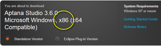 Aptana Studio x86 version highlighted on download page